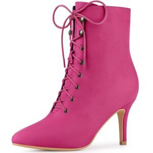 Pointy Toe Zip Lace Up Stiletto Heel Hot Pink Ankle Boots